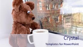  Presentation with person looking out in nature - Cool new PPT layouts with animals need - toy-bear looking out window close-up backdrop and a  colored foreground