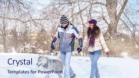  Presentation with winter - Theme featuring animals need - young couple walking his dog background and a sky blue colored foreground