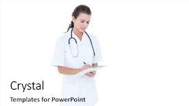  Presentation with female doctor - PPT theme consisting of animated - brunette female doctor against white background and a white colored foreground