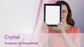  Presentation with hands holding black tablet - Colorful presentation enhanced with animated - digital composite of woman holding backdrop and a sky blue colored foreground