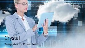  Presentation with using digital tablet - Presentation design consisting of animated - digital composition of businesswoman using background and a light blue colored foreground