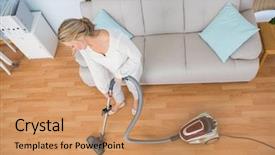  Presentation with room cleaning - Audience pleasing PPT theme consisting of animated - disinterest woman cleaning her living backdrop and a coral colored foreground
