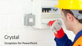  Presentation with electrician - PPT theme with animated - mature electrician repairing a power background and a white colored foreground
