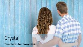  Presentation with people helping each teamwork couple - Cool new presentation with animated - rear view of couple embracing backdrop and a light blue colored foreground