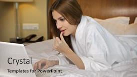  Presentation with laptop - Beautiful presentation theme featuring animated brain - beautyful brunette woman looking backdrop and a mint green colored foreground