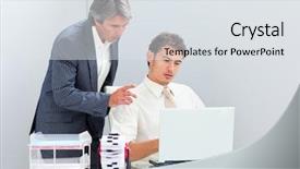  Presentation with brain computer - Slides consisting of animated brain - concentrated manager helping his colleague background and a sky blue colored foreground