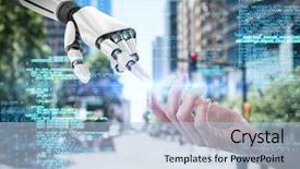  Presentation with hold hand - Slides consisting of animated business - hand of man pretending background and a light blue colored foreground