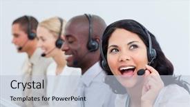  Presentation with call center - Presentation theme having animated businesswoman and her team background and a light blue colored foreground