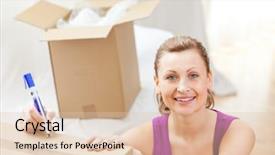  Presentation with writing pen - PPT layouts enhanced with animated cards - cute woman writing on boxes background and a lemonade colored foreground