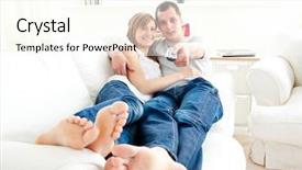  Presentation with television watching - Colorful theme enhanced with animated feet - positive caucasian couple lying together backdrop and a  colored foreground
