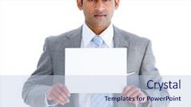  Presentation with note - Presentation theme enhanced with animated papers - confident businessman showing a note background and a light blue colored foreground