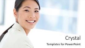 Presentation with happy anniversay work - Cool new presentation design with assertiveness - portrait of a happy businesswoman backdrop and a white colored foreground