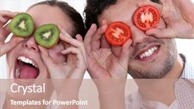  Presentation with faces - Audience pleasing PPT theme consisting of couple making funny faces backdrop and a coral colored foreground