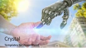  Presentation with hold hand - Slide set consisting of robot animated - hand of man pretending background and a soft green colored foreground