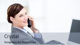  Presentation with phone - Cool new presentation with animated racing - enthousiastic businesswoman talking backdrop and a light blue colored foreground