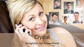  Presentation with holding people in hands - PPT theme consisting of animated technology - woman holding phone with profile background and a lemonade colored foreground