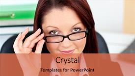  Presentation with animated - Amazing PPT layouts having animated thinking - charming businesswoman holding her glasses backdrop and a coral colored foreground