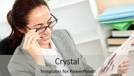  Presentation with office newspaper - Cool new presentation design with animated thinking - cheerful businesswoman holding her glasses backdrop and a light gray colored foreground