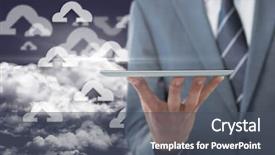  Presentation with digital image - Amazing PPT layouts having holding digital tablet against sky backdrop and a dark gray colored foreground