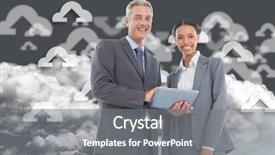  Presentation with connecting - Slide set with nature animated - happy businessman and businesswoman using background and a gray colored foreground