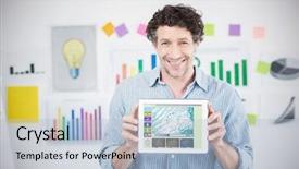  Presentation with digital image - Audience pleasing theme consisting of animation - businessman showing digital tablet backdrop and a light blue colored foreground