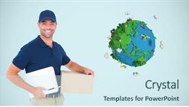  Presentation with digital image - Slide set having animation globe map - digital image of delivery man background and a sky blue colored foreground