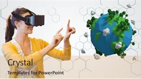  Presentation with earth animation - Presentation design consisting of animation globe map - woman wearing vr glasses while background and a yellow colored foreground