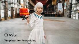  Presentation with sword - Colorful slide set enhanced with anime girl with sword poses backdrop and a light gray colored foreground