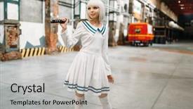  Presentation with abandoned - PPT theme enhanced with anime girl with sword poses background and a light gray colored foreground