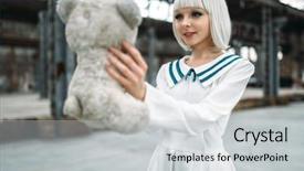  Presentation with toy - Amazing slide set having anime style blonde woman looks backdrop and a light gray colored foreground