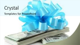  Presentation with five sided blue to white - Audience pleasing PPT layouts consisting of anniversary award - dollars and big blue bow backdrop and a  colored foreground