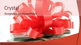  Presentation with red bow - Cool new slides with anniversary award - dollars and big red bow backdrop and a coral colored foreground