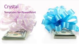  Presentation with brown sugar isolated on white - PPT layouts enhanced with anniversary award - dollars and two big bows background and a  colored foreground