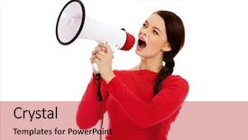  Presentation with angry - Cool new slides with annoucement - young angry woman screaming backdrop and a crimson colored foreground