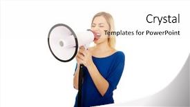  Presentation with angry - Presentation theme consisting of annoucement - young angry woman with megaphone background and a  colored foreground