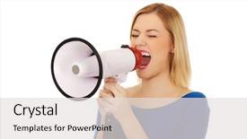  Presentation with angry animals - Colorful slide set enhanced with annoucement - young angry woman with megaphone backdrop and a  colored foreground
