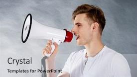  Presentation with young man on the phone - Slide set featuring annoucement - young handsome man shouting background and a  colored foreground