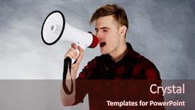  Presentation with one young man exercising handball - Colorful presentation theme enhanced with annoucement - young handsome man shouting backdrop and a  colored foreground