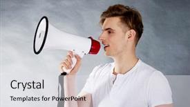  Presentation with man lust - Slide set with annoucement - young handsome man shouting background and a  colored foreground