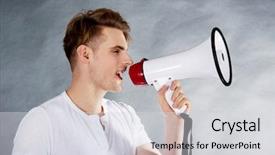  Presentation with young man on the phone - PPT theme featuring annoucement - young handsome man shouting background and a  colored foreground