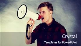  Presentation with one young man exercising handball - Amazing presentation theme having annoucement - young handsome man shouting backdrop and a  colored foreground