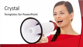  Presentation with young business woman smile show - Audience pleasing presentation design consisting of annoucement - young smiling woman screaming backdrop and a  colored foreground