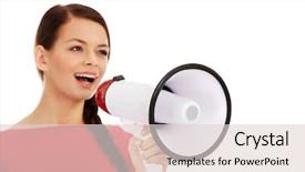 Presentation with young business woman smile show - Colorful PPT layouts enhanced with annoucement - young smiling woman screaming backdrop and a  colored foreground