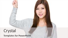  Presentation with biometric device finger print - Slide deck consisting of annoucement - young woman annouce something background and a  colored foreground