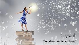  Presentation with announcement - PPT theme consisting of announcement books - young woman in blue dress background and a light gray colored foreground