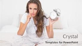  Presentation with alarm - Cool new slide deck with annoyed-brunette-holding-alarm-clock backdrop and a soft green colored foreground