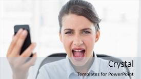  Presentation with classy - PPT layouts with annoyed classy brown haired businesswoman screaming while holding a mobile phone in bright office background and a lemonade colored foreground