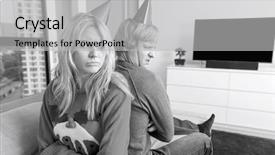  Presentation with christmas party - Cool new presentation with annoyed couple in christmas sweaters and party hats sitting back to back at home backdrop and a light gray colored foreground