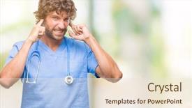  Presentation with old wite man and his music - Colorful PPT layouts enhanced with annoyed expression for the noise backdrop and a  colored foreground