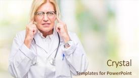  Presentation with doctor helps to get out of bed an elderly woman - Presentation having annoyed expression for the noise background and a  colored foreground